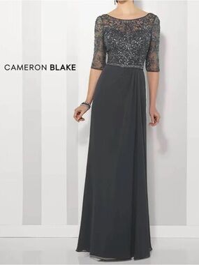 Charcoal Beaded Illusion Evening Gown